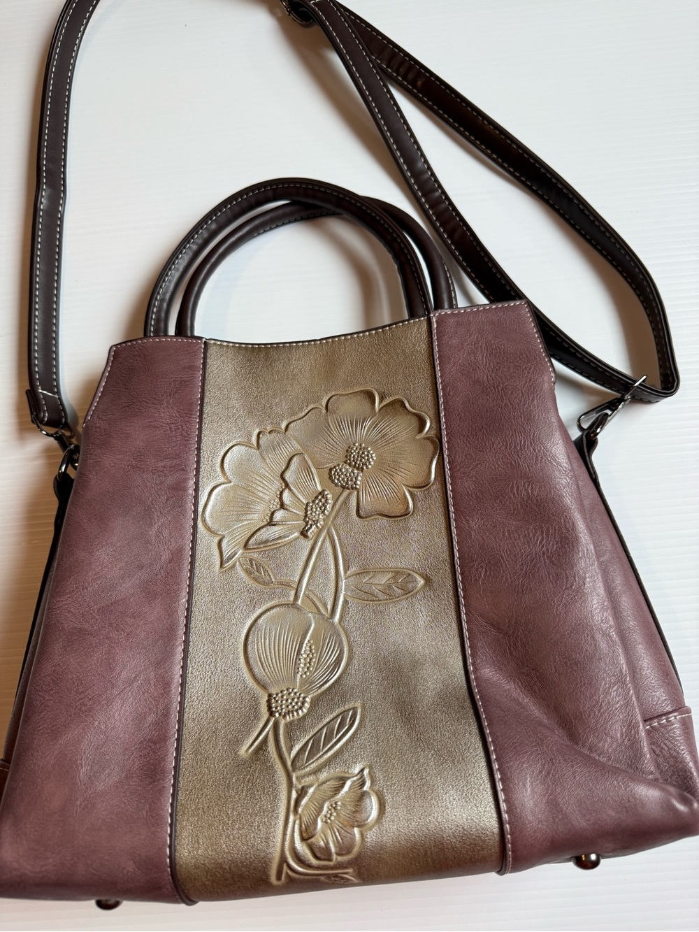 Women's Two-Tone Floral Embossed Tote Bag - Mauve and Metallic Taupe